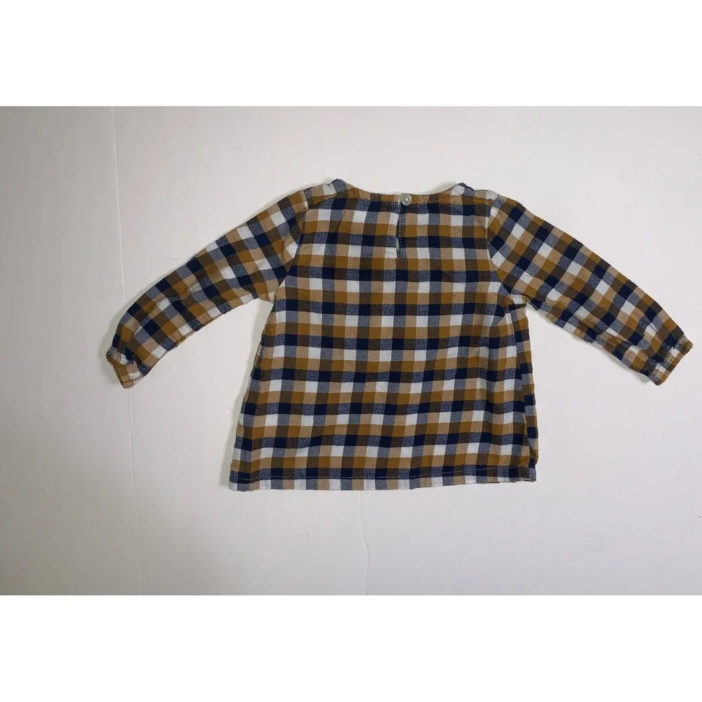 Carters 12M Mustard Yellow Navy Blue Gingham Plaid Long Sleeve Bow‎ Top 1J165910